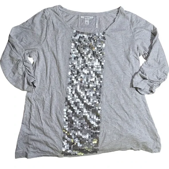 STYLE & CO Womens XL Gray Silver Sequin Front Detail Long Sleeve Tunic Top - Picture 1 of 3